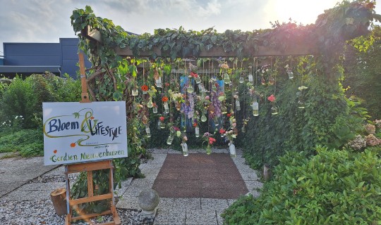 Backdrop met hangende bloemen in decoratieve flesjes